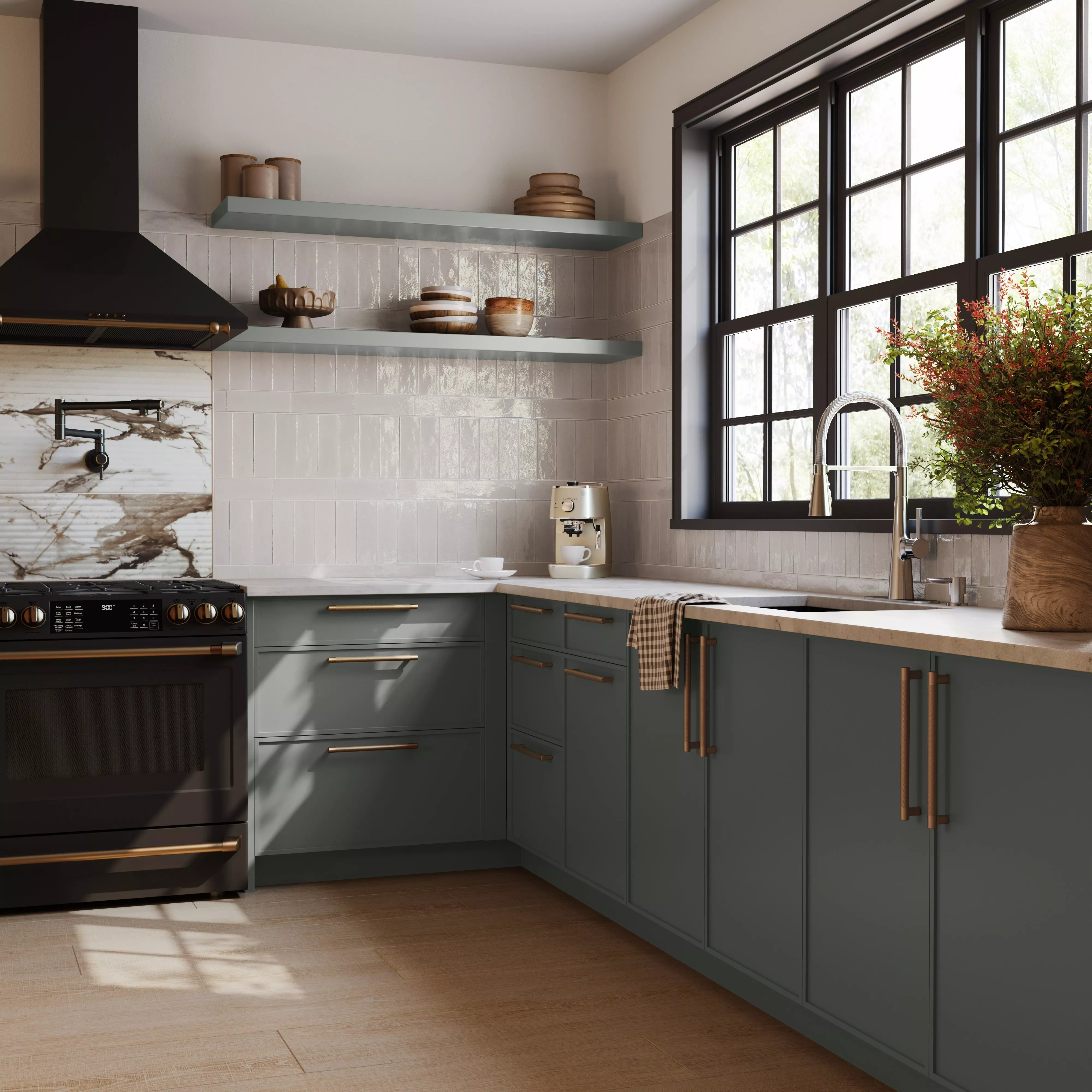 Modern kitchen with tile backsplash and floor